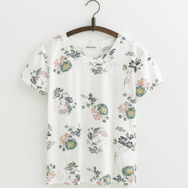 Shabby Chic Floral Printed All Over Short Sleeve Women'sTee T-Shirt Top, Color - J412B
