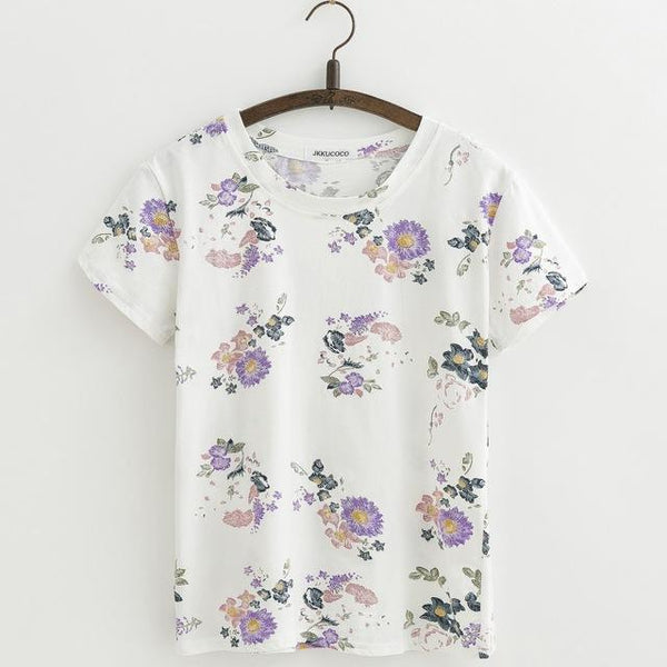 Shabby Chic Floral Printed All Over Short Sleeve Women'sTee T-Shirt Top, Color - J408