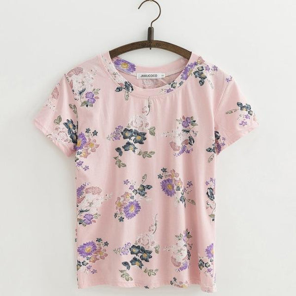 Shabby Chic Floral Printed All Over Short Sleeve Women'sTee T-Shirt Top, Color - J403