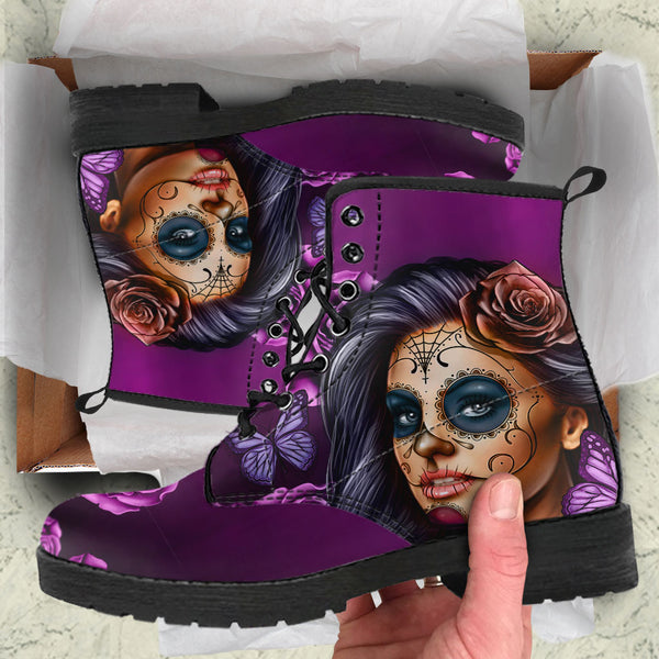 Violet Sugar Skull Girl Womens Leather Boots - STUDIO 11 COUTURE
